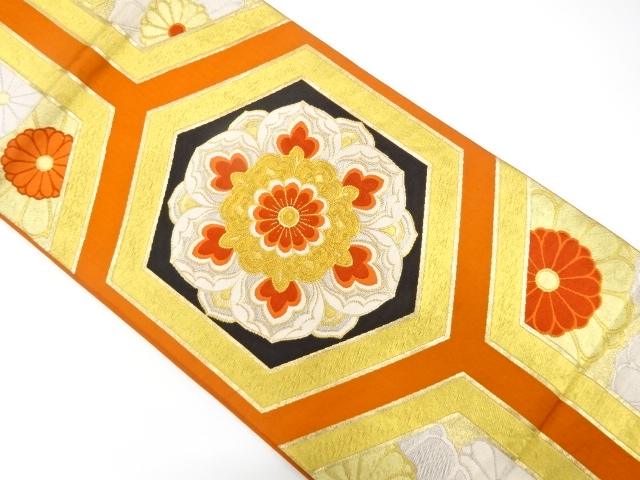 JAPANESE KIMONO / ANTIQUE FUKURO OBI / WOVEN KIKKO & FLORAL CREST